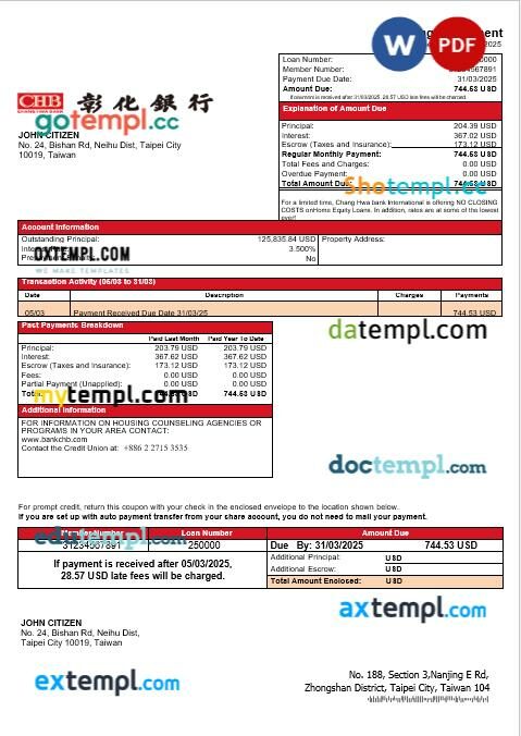 Taiwan Chang Hwa Bank mortgage statement in Word and PDF formats Taiwan Chang Hwa Bank mortgage statement in Word and PDF formats
