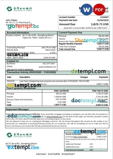 Taiwan Land Bank of Taiwan bank mortgage statement in Word and PDF formats Taiwan Land Bank of Taiwan bank mortgage statement in Word and PDF formats