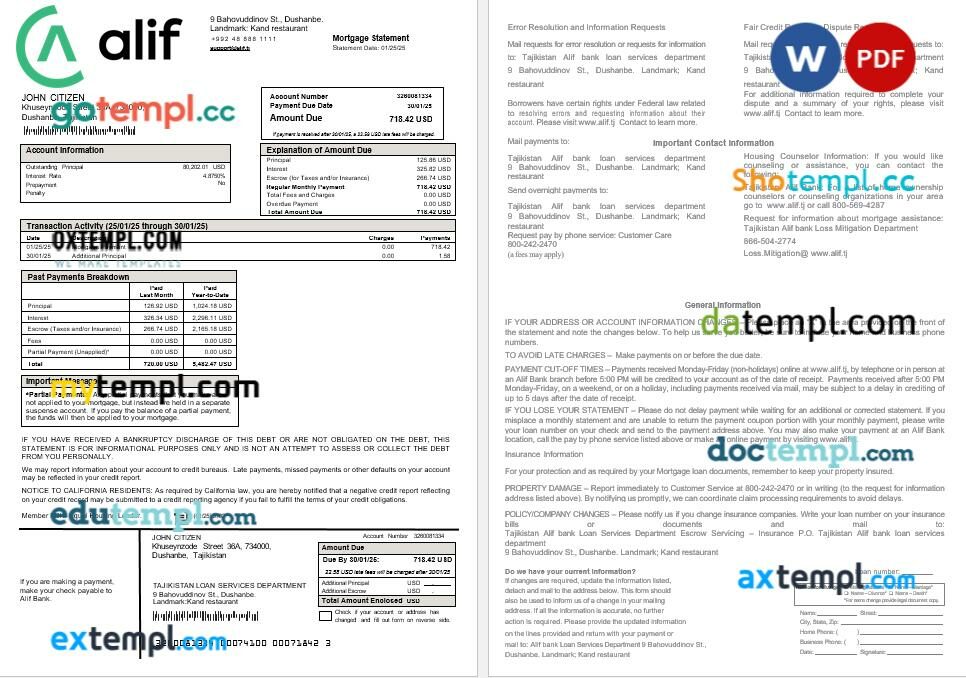 Tajikistan Alif Bank mortgage statement in Word and PDF formats Tajikistan Alif Bank mortgage statement in Word and PDF formats