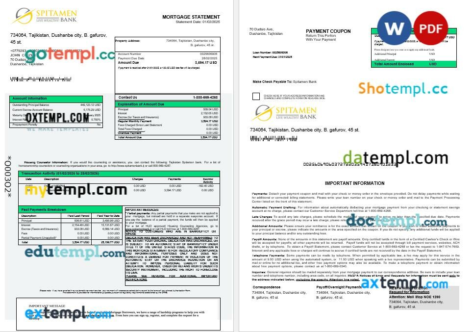 Tajikistan Spitamen Bank mortgage statement in Word and PDF formats Tajikistan Spitamen Bank mortgage statement in Word and PDF formats