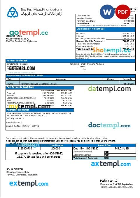 Tajikistani The First MicroFinance (FMFB) mortgage statement in Word and PDF formats Tajikistani The First MicroFinance (FMFB) mortgage statement in Word and PDF formats