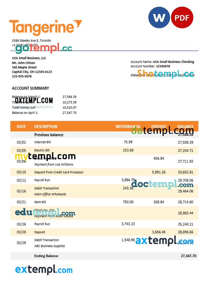 Tangerine business bank statement Word and PDF format Tangerine business bank statement Word and PDF format