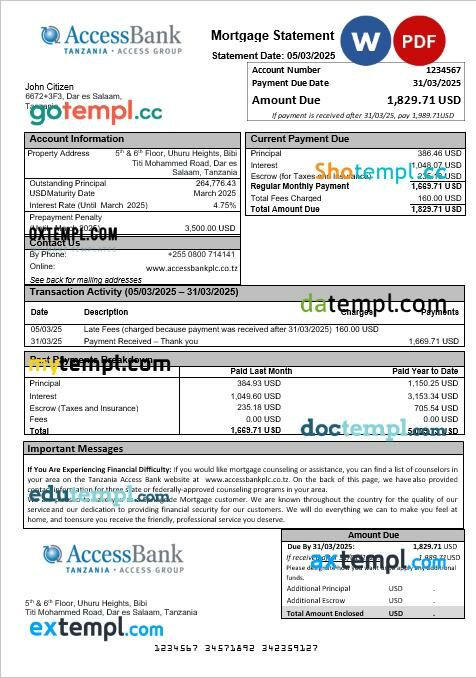 Tanzania Access Bank mortgage statement in Word and PDF formats Tanzania Access Bank mortgage statement in Word and PDF formats