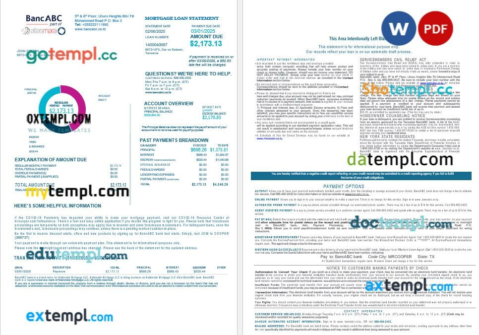 Tanzania BancABC bank mortgage loan statement in Word and PDF formats, 4 pages Tanzania BancABC bank mortgage loan statement in Word and PDF formats, 4 pages