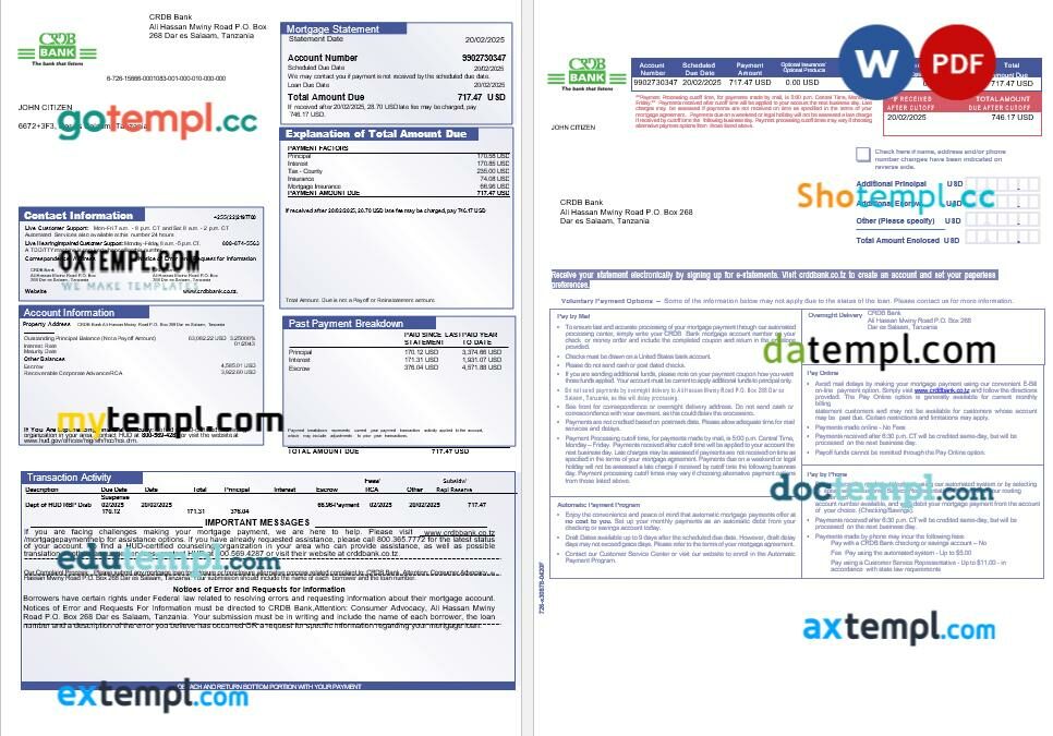 Tanzania CRDB Bank mortgage statement in Word and PDF formats, 3 pages Tanzania CRDB Bank mortgage statement in Word and PDF formats, 3 pages