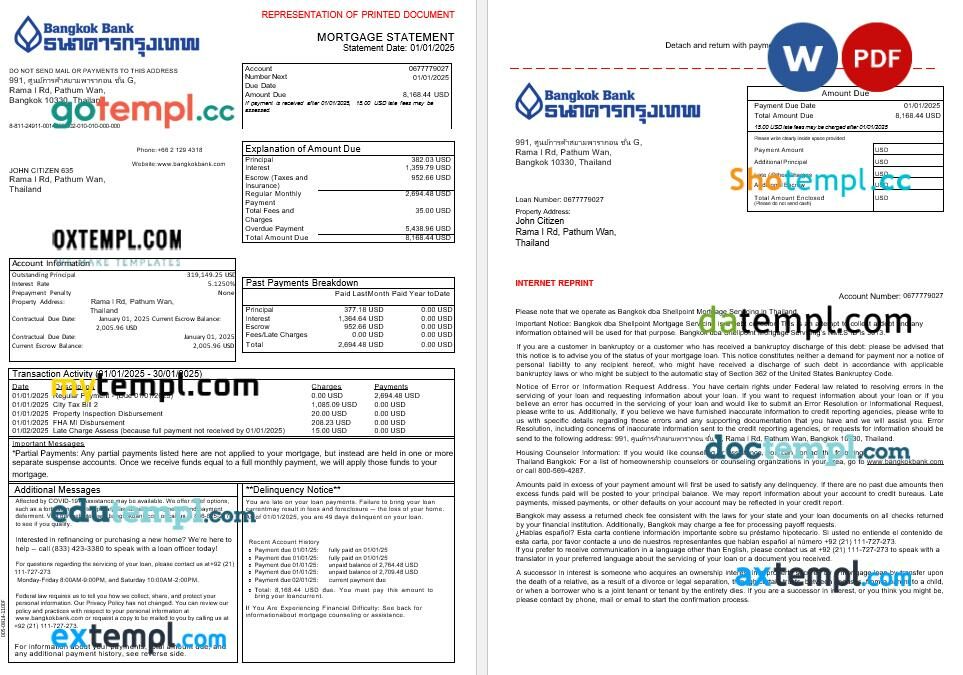 Thailand Bangkok bank mortgage statement in Word and PDF formats, 3 pages Thailand Bangkok bank mortgage statement in Word and PDF formats, 3 pages