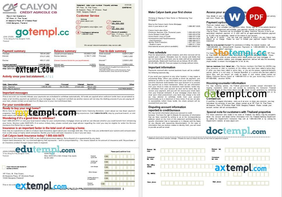 Thailand Caylon Bank mortgage statement in Word and PDF formats, 2 pages Thailand Caylon Bank mortgage statement in Word and PDF formats, 2 pages