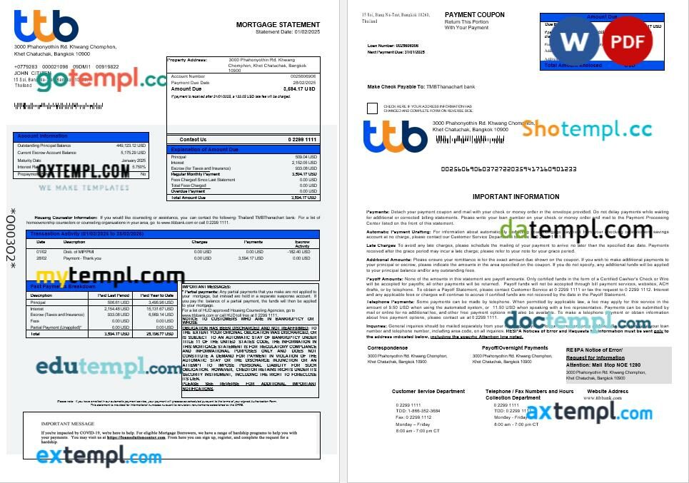 Thailand TMBThanachart Bank mortgage statement in Word and PDF formats Thailand TMBThanachart Bank mortgage statement in Word and PDF formats