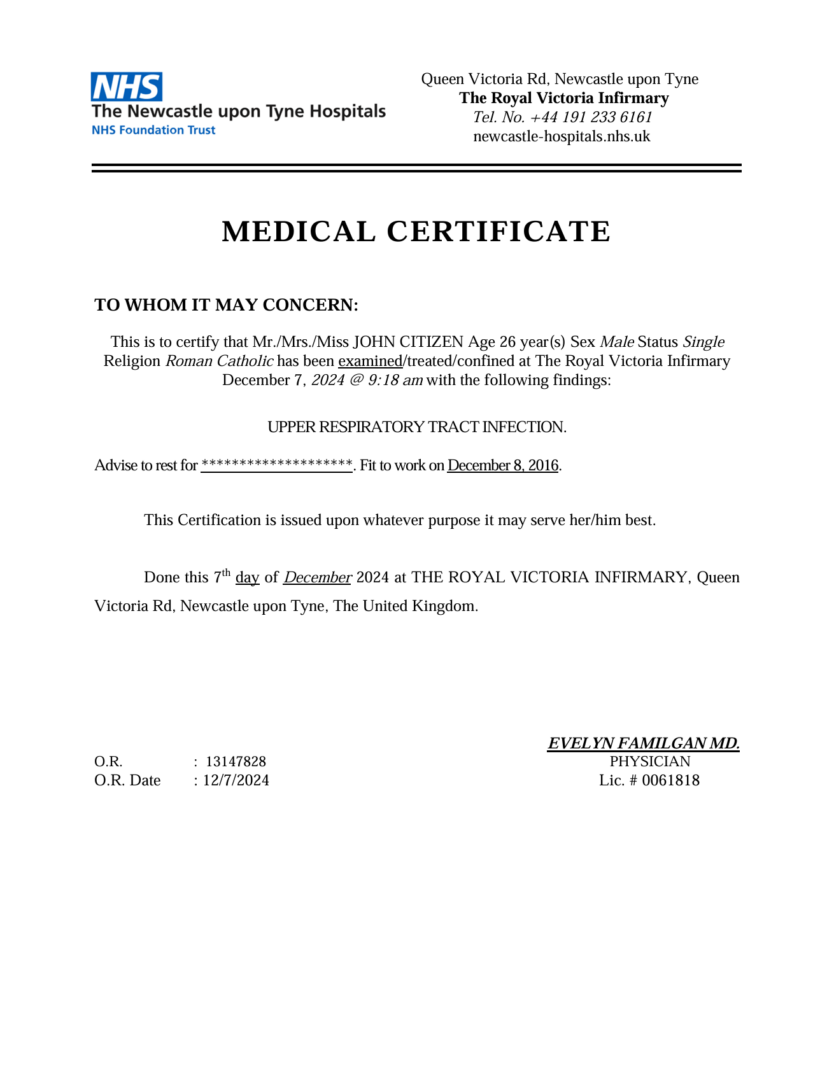 The Royal Victoria Infirmary medical certificate template in Word and PDF formats The Royal Victoria Infirmary medical certificate template in Word and PDF formats