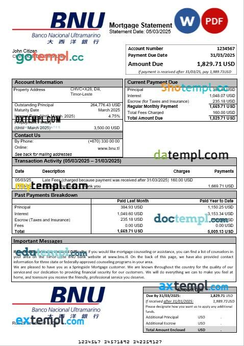 Timor-Leste BNU bank mortgage statement in Word and PDF formats Timor-Leste BNU bank mortgage statement in Word and PDF formats