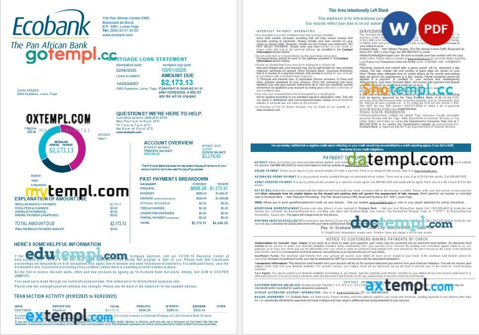 Togo Ecobank Bank mortgage loan statement in Word and PDF formats, 4 pages Togo Ecobank Bank mortgage loan statement in Word and PDF formats, 4 pages