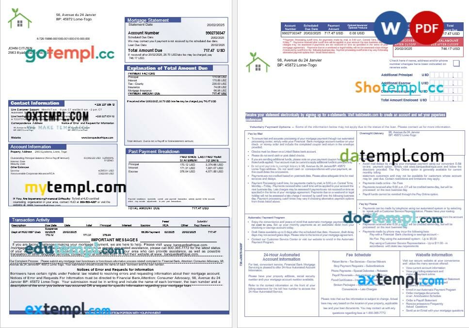 Togo Financial Bank mortgage statement in Word and PDF formats, 3 pages Togo Financial Bank mortgage statement in Word and PDF formats, 3 pages