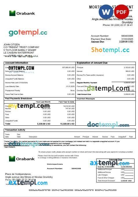 Togo Orabank mortgage statement in Word and PDF formats Togo Orabank mortgage statement in Word and PDF formats