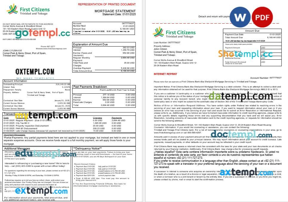 Trinidad and Tobago First Citizens Bank mortgage statement in Word and PDF formats, 3 pages Trinidad and Tobago First Citizens Bank mortgage statement in Word and PDF formats, 3 pages
