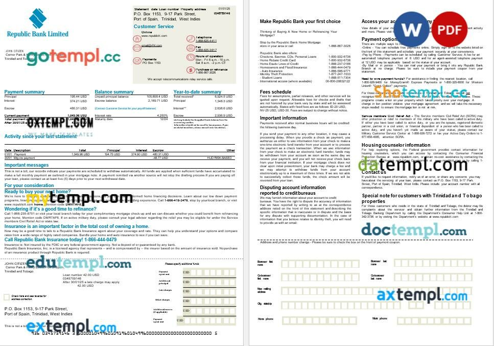 Trinidad and Tobago Republic Bank mortgage statement in Word and PDF formats, 2 pages Trinidad and Tobago Republic Bank mortgage statement in Word and PDF formats, 2 pages