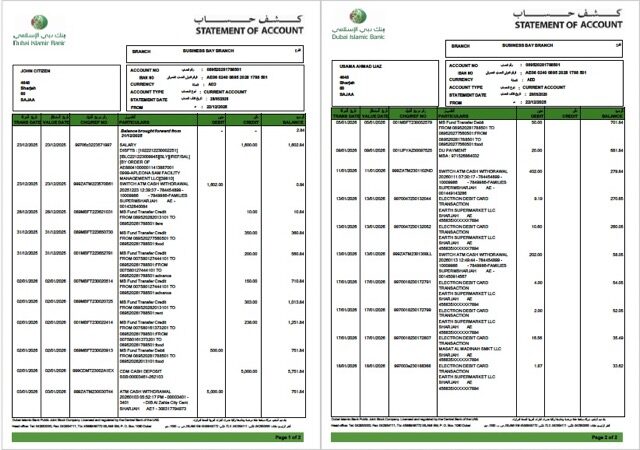 UAE Dubai Islamic Bank statement of account Word and PDF template, 2 pages UAE Dubai Islamic Bank statement of account Word and PDF template, 2 pages