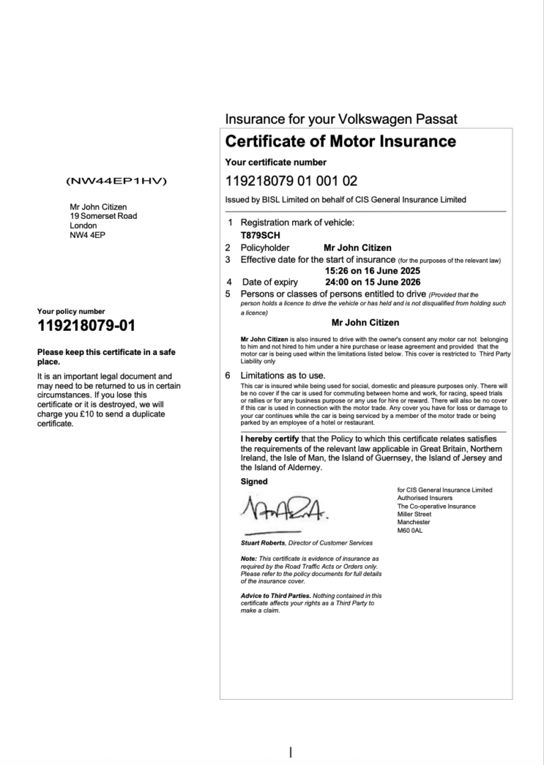 UK CIS General Insurance Limited certificate of motor insurance Word and PDF template UK CIS General Insurance Limited certificate of motor insurance Word and PDF template