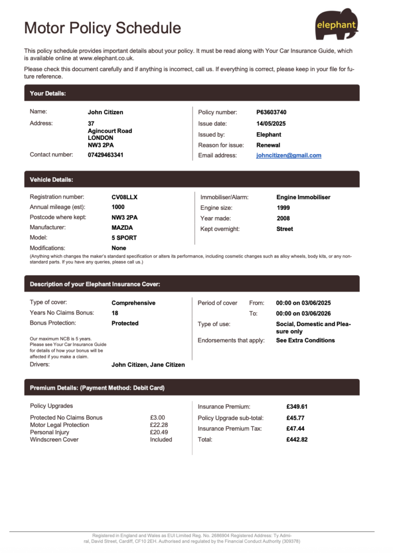 UK Elephant Insurance motor policy schedule Word and PDF template UK Elephant Insurance motor policy schedule Word and PDF template