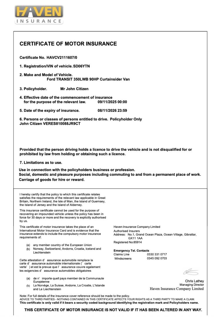 UK Haven Insurance certificate of motor insurance Word and PDF template, version 3 UK Haven Insurance certificate of motor insurance Word and PDF template, version 3