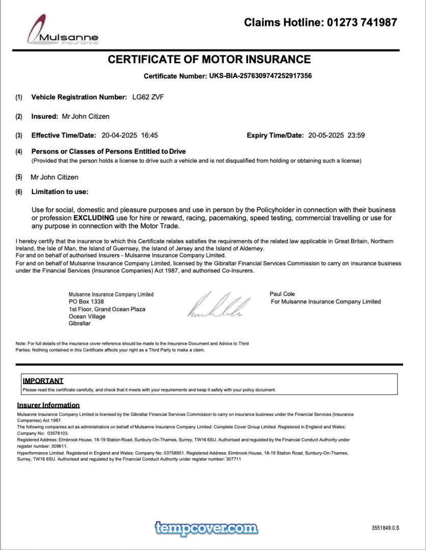 UK Mulsanne Insurance certificate of motor insurance Word and PDF template UK Mulsanne Insurance certificate of motor insurance Word and PDF template