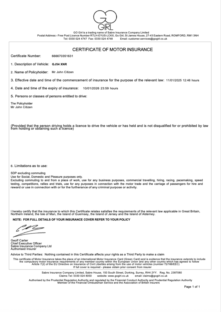 UK Sabre Insurance Company certificate of motor insurance Word and PDF template UK Sabre Insurance Company certificate of motor insurance Word and PDF template