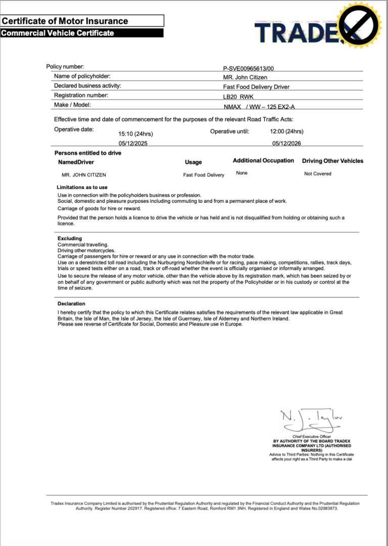 UK Tradex Insurance Services certificate of motor insurance Word and PDF template, version 2 UK Tradex Insurance Services certificate of motor insurance Word and PDF template, version 2