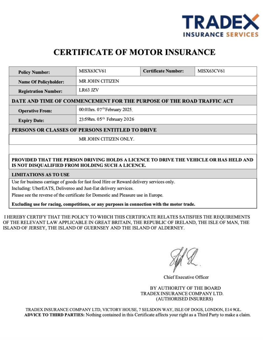 UK Tradex Insurance Services certificate of motor insurance Word and PDF template UK Tradex Insurance Services certificate of motor insurance Word and PDF template