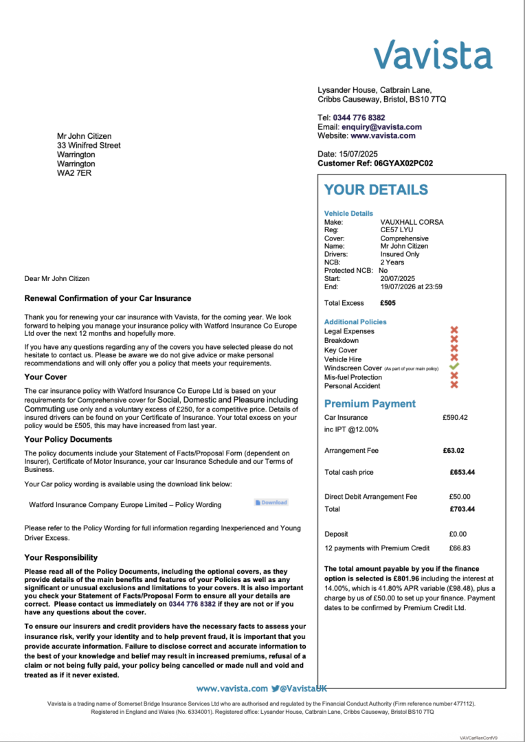 UK Vavista Car Insurance renewal confirmation of car insurance Word and PDF template UK Vavista Car Insurance renewal confirmation of car insurance Word and PDF template