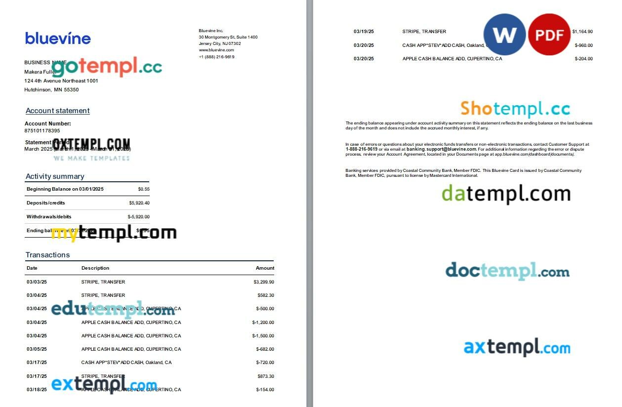 USA New Jersey Bluevine business bank statement template, 3 pages USA New Jersey Bluevine business bank statement template, 3 pages