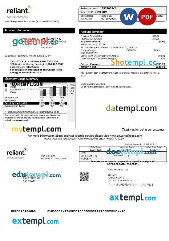 USA Reliant business utility bill Word and PDF template
