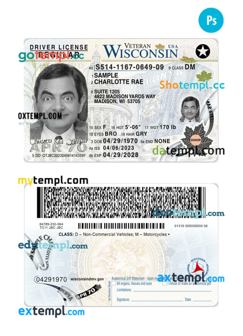 USA Wisconsin driving license PSD editable template, 2023-present USA Wisconsin driving license PSD editable template, 2023-present