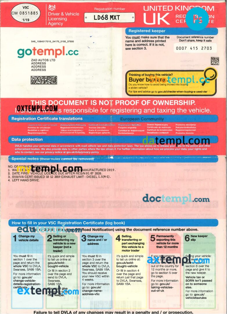United Kingdom driver vehicle registration certificate in PSD format, 4 pages United Kingdom driver vehicle registration certificate in PSD format, 4 pages