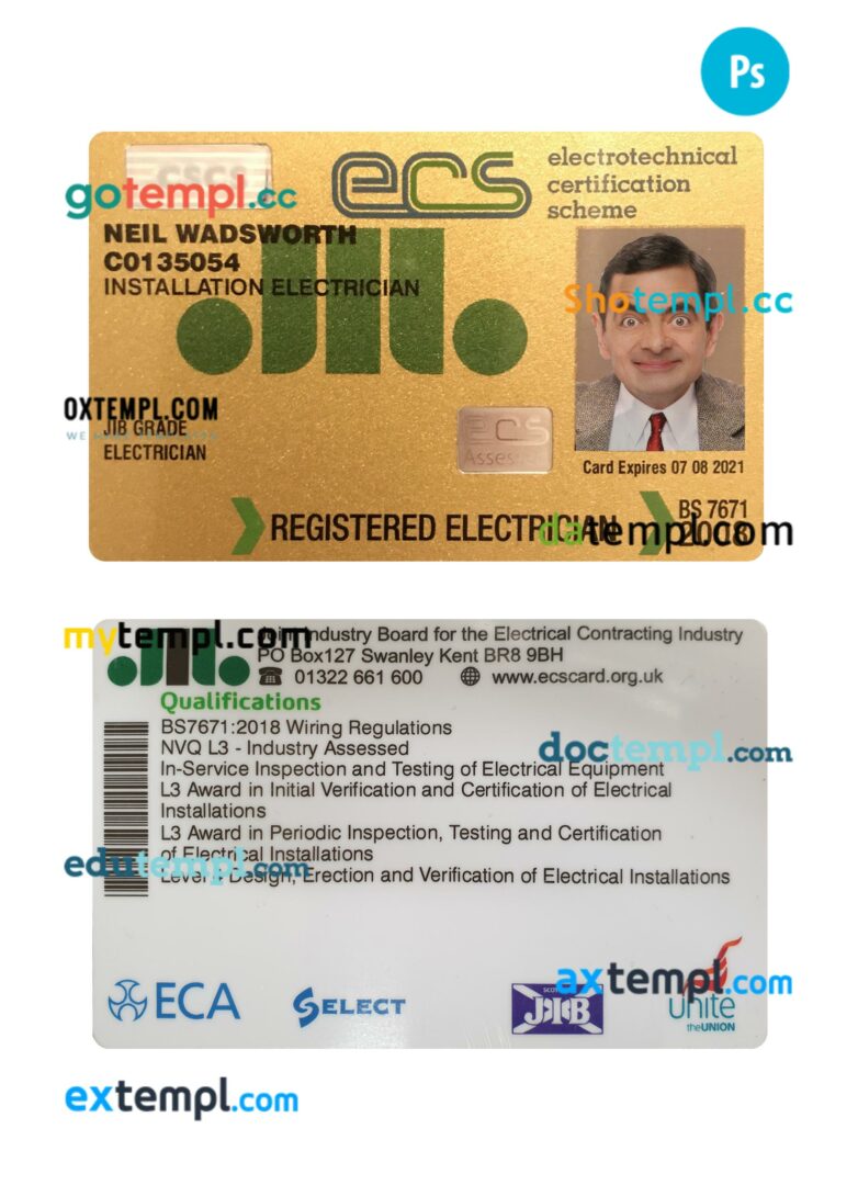 United Kingdom electrotechnical certification scheme (ECS) card template in PSD format United Kingdom electrotechnical certification scheme (ECS) card template in PSD format