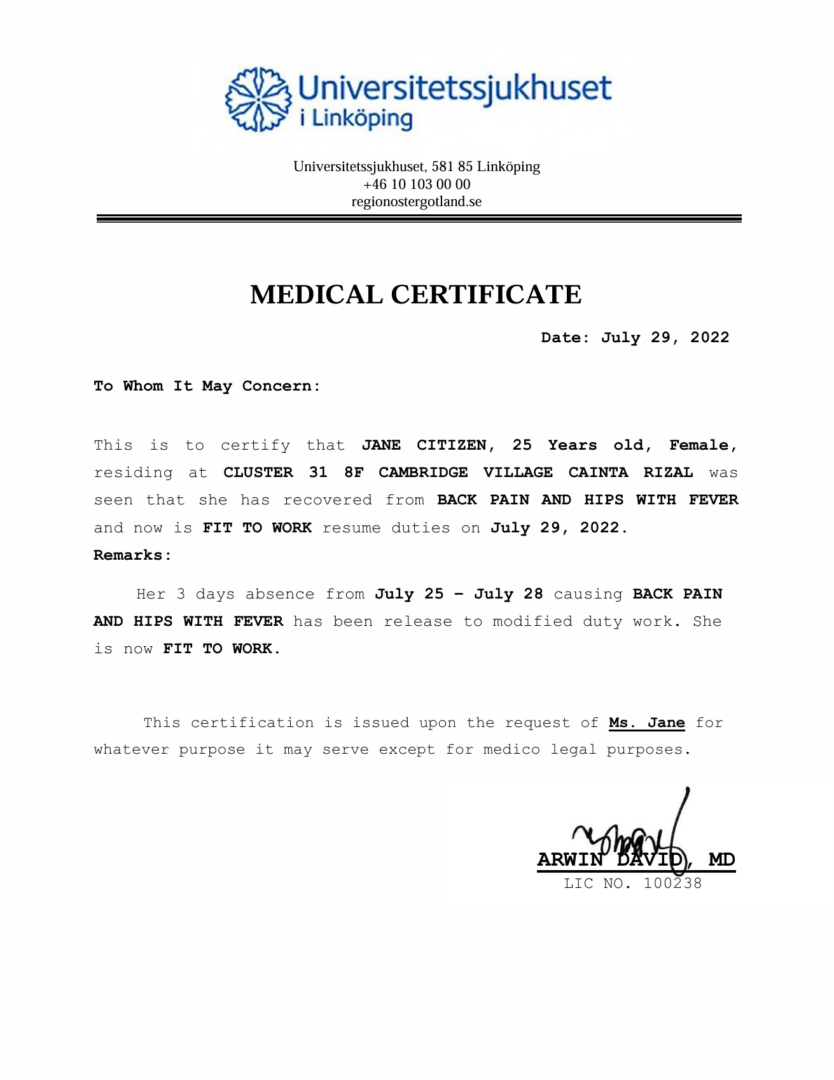 Universitetssjukhuset i Linköping medical certificate template in Word and PDF formats Universitetssjukhuset i Linköping medical certificate template in Word and PDF formats