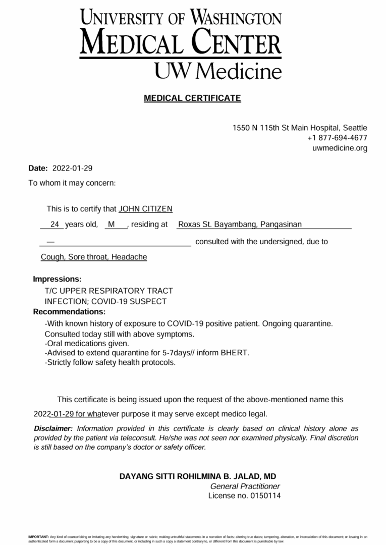 University of Washington Medical Center medical certificate template in Word and PDF formats University of Washington Medical Center medical certificate template in Word and PDF formats