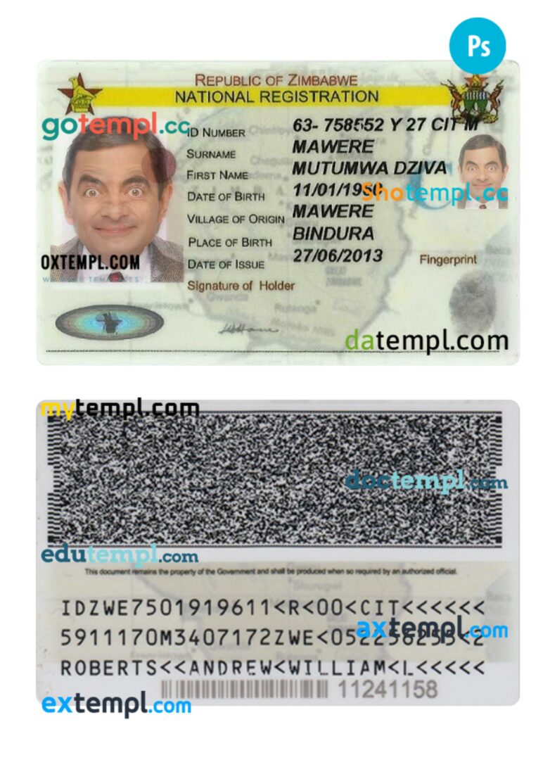 Zimbabwe national registration ID card PSD template Zimbabwe national registration ID card PSD template