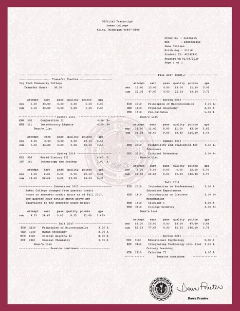 Baker College Michigan official transcript Word and PDF template Baker College Michigan official transcript Word and PDF template