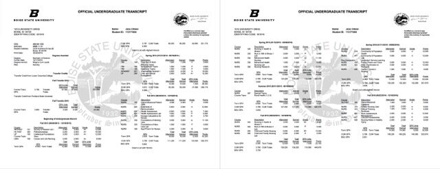 Boise State University official undergraduate transcript Word and PDF template, 2 pages Boise State University official undergraduate transcript Word and PDF template, 2 pages