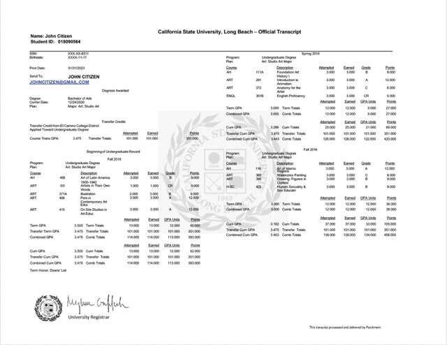 California State University, Long Beach official transcript Word and PDF template California State University, Long Beach official transcript Word and PDF template