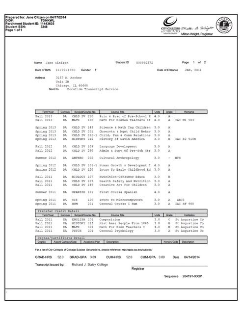 City Colleges of Chicago official trasncript Word and PDF template City Colleges of Chicago official trasncript Word and PDF template