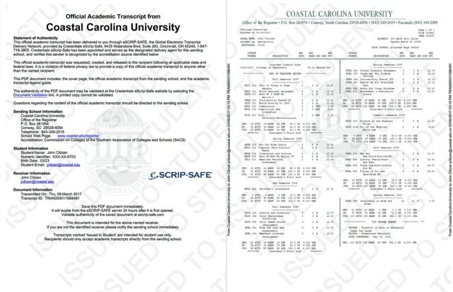 Coastal Carolina University official academic transcript Word and PDF template, 2 pages Coastal Carolina University official academic transcript Word and PDF template, 2 pages