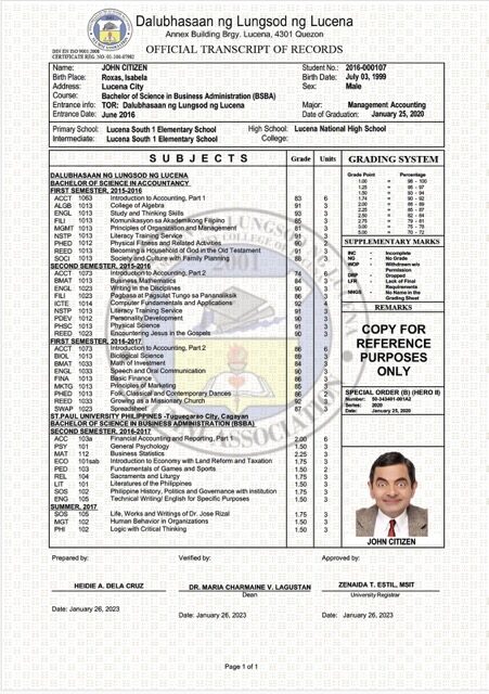Dalubhasaan ng Lungsod ng Lucena official transcript of records Word and PDF template Dalubhasaan ng Lungsod ng Lucena official transcript of records Word and PDF template