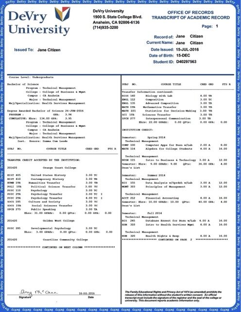 DeVry University transcript of academic record Word and PDF template DeVry University transcript of academic record Word and PDF template