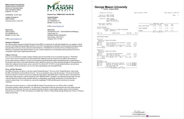 George Mason University official academic transcript Word and PDF template, 2 pages George Mason University official academic transcript Word and PDF template, 2 pages