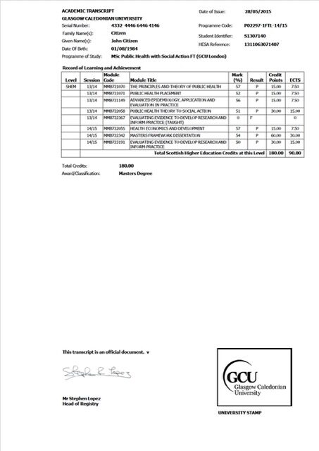 Glasgow Caledonian University academic transcript Word and PDF template Glasgow Caledonian University academic transcript Word and PDF template