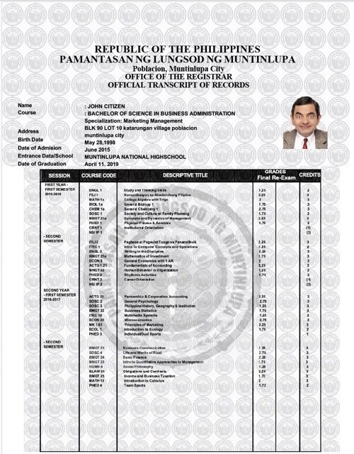 Philippines Pamantasan ng Lungsod ng Muntinlupa official transcript of records Word and PDF template Philippines Pamantasan ng Lungsod ng Muntinlupa official transcript of records Word and PDF template