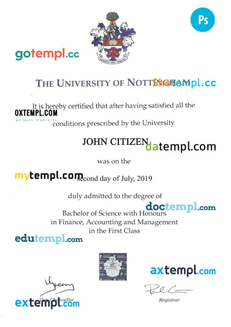 United Kingdom Nottingham university transcript in PSD format, 5 pages United Kingdom Nottingham university transcript in PSD format, 5 pages