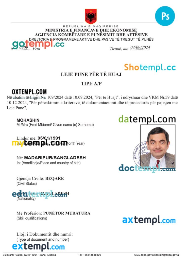 Albania work permit template in PSD format, version 2 Albania work permit template in PSD format, version 2