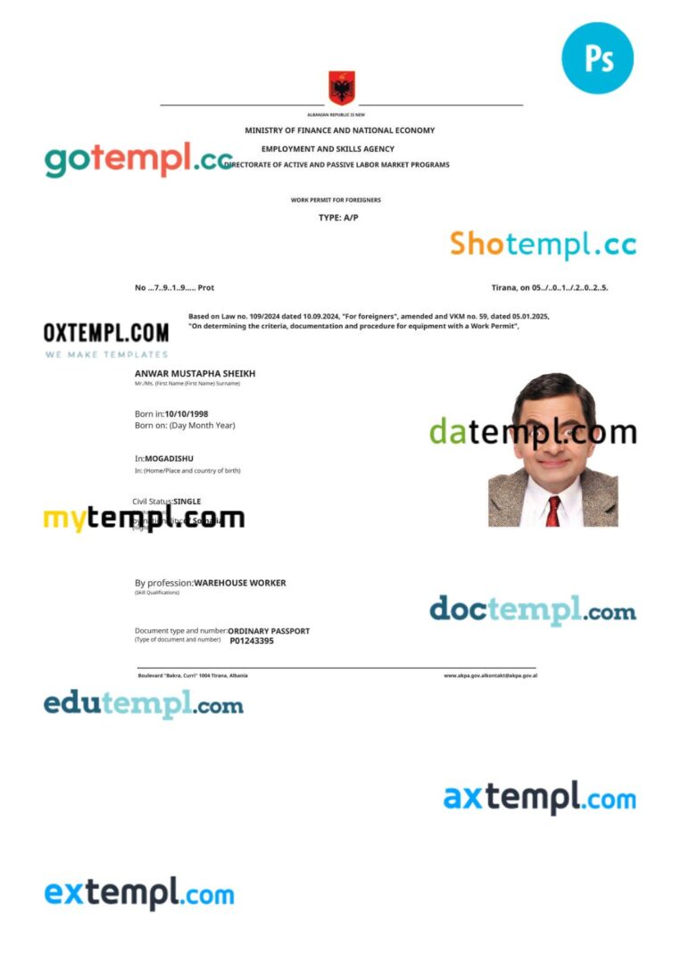 Albania work permit template in PSD format Albania work permit template in PSD format