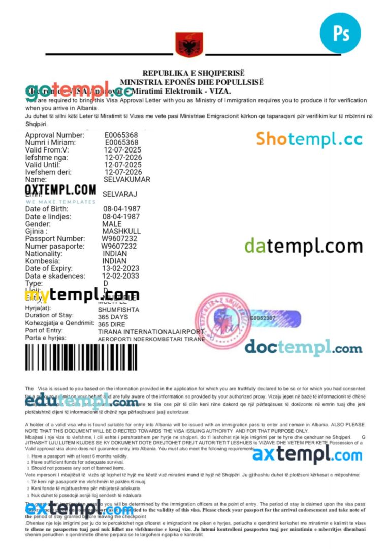 Albania work visa permit template in PSD format, 3 pages Albania work visa permit template in PSD format, 3 pages